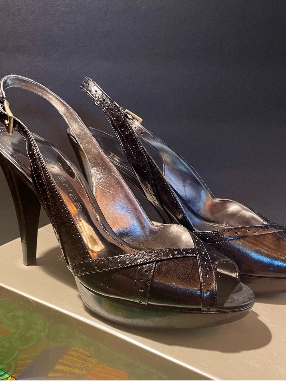 Marc Fisher Black Leather Peep-Toe Slingback Heels